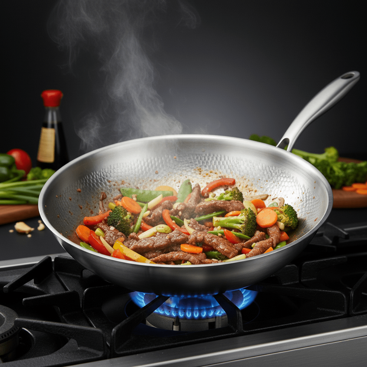 Hand-Hammered Titanium Wok Pan with Flat Base