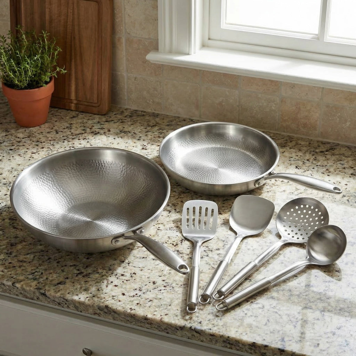 Hand-Hammered Titanium Wok & Frying Pan (10 inch) with Utensils