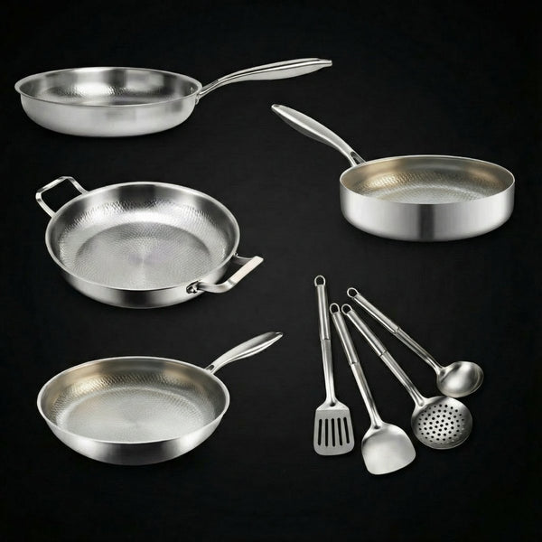 Hand-Hammered Titanium Family Set: 4 Pans & Utensils