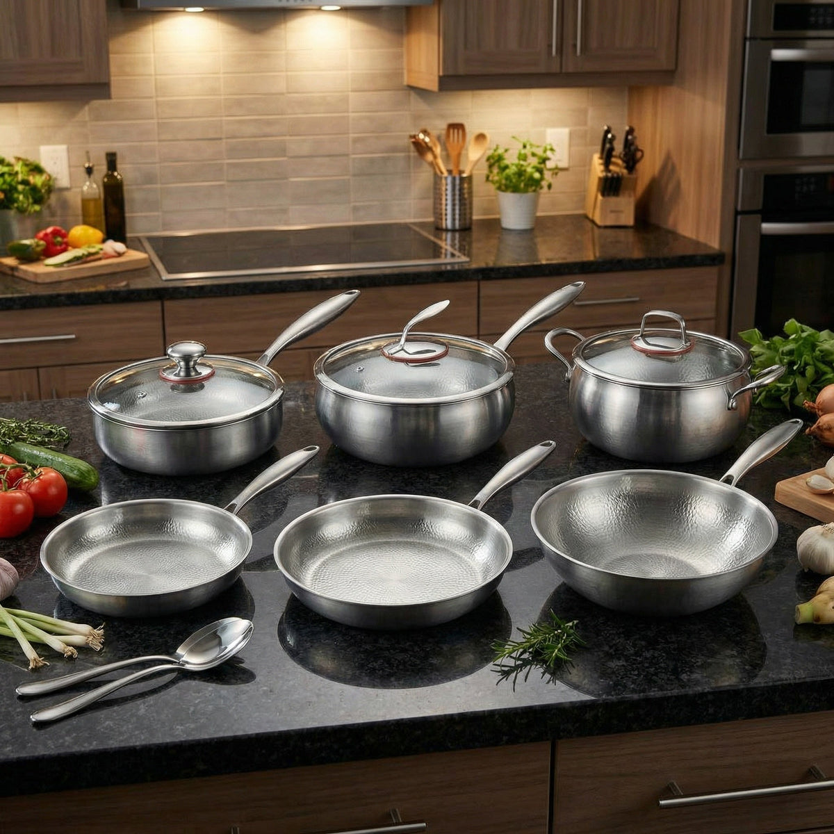Hand-Hammered Titanium Complete Kitchen Set with 3 Lids (10, 11 & 12 inch)