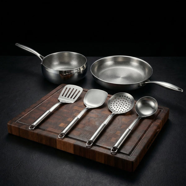 Hand-Hammered Titanium Pan & Sauté Set with Walnut Cutting Board and Utensils