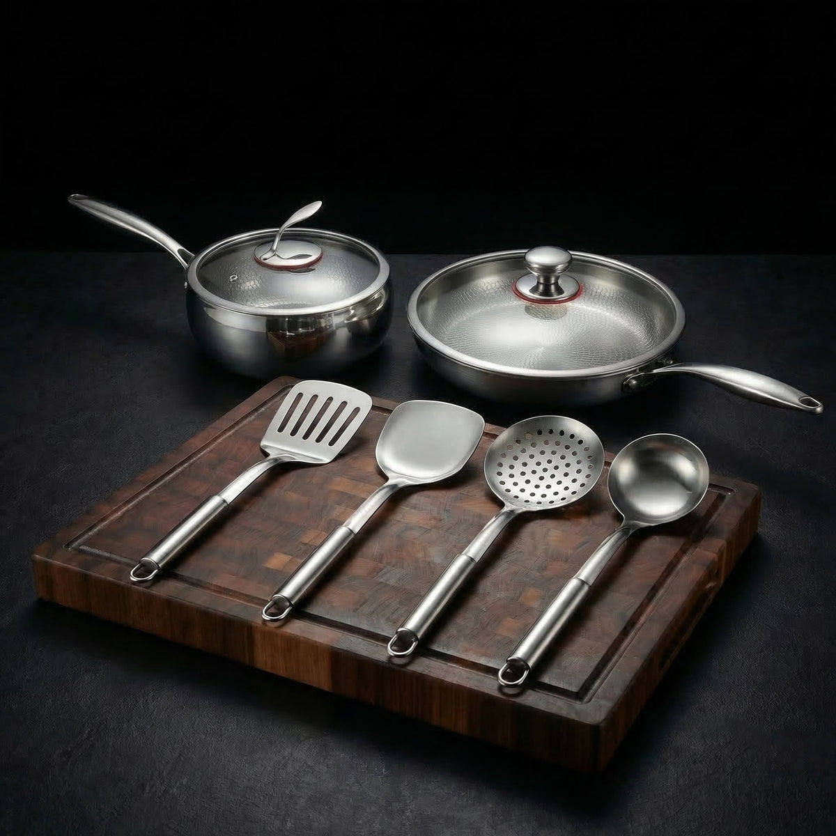 Hand-Hammered Titanium Pan & Sauté Set with Walnut Cutting Board and Utensils